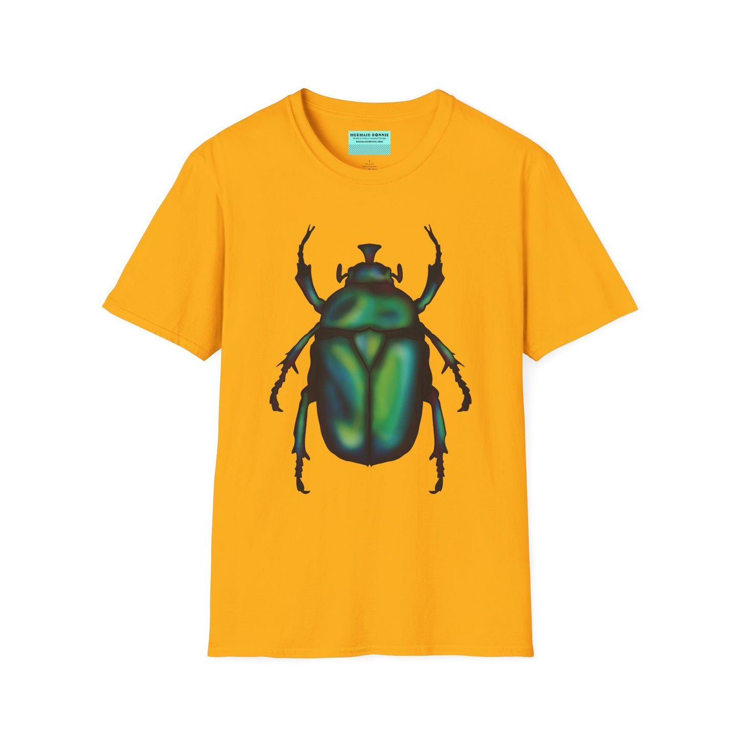 Yellow t-shirt featuring an illustration of a June bug (green chafer beetle) across the chest.
