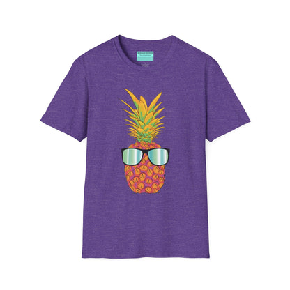 Purple t-shirt featuring a drawing of a pineapple wearing sunglasses.
