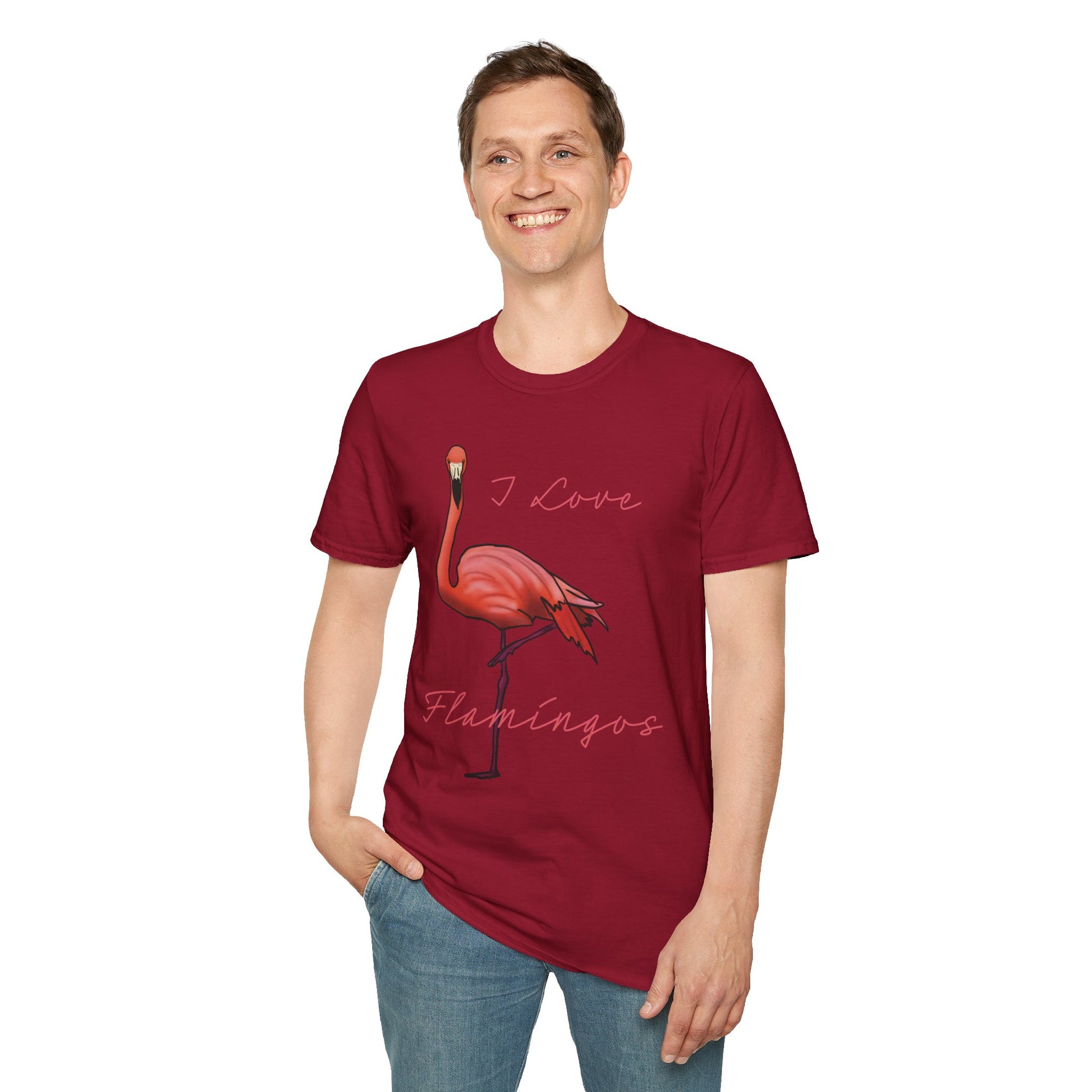 Man wearing a red unisex short-sleeve tee with a fabulously pink flamingo strutting its stuff and the words “I love flamingos” — for anyone whose spirit animal stands on one leg.