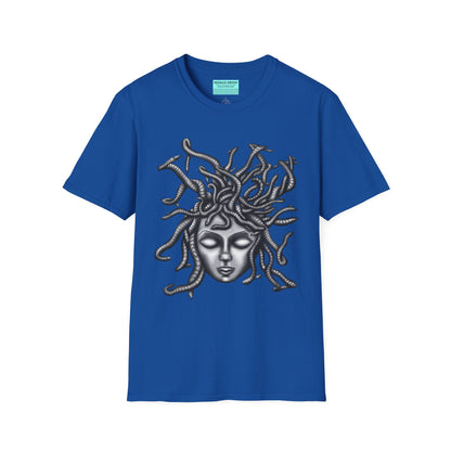 Royal blue t-shirt featuring a grayscale drawing of Medusa.