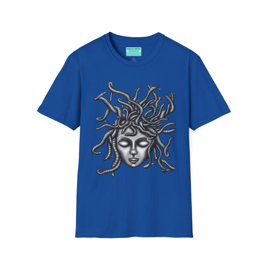 Royal blue t-shirt featuring a grayscale drawing of Medusa.