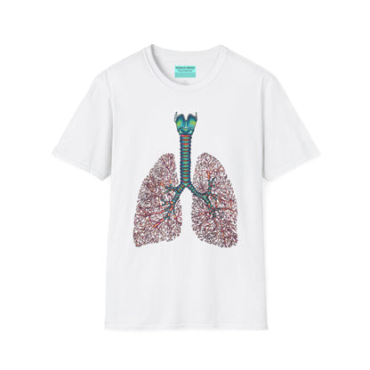 White t-shirt featuring an illustration of anatomical lungs, including the bronchi, trachea, and larynx.