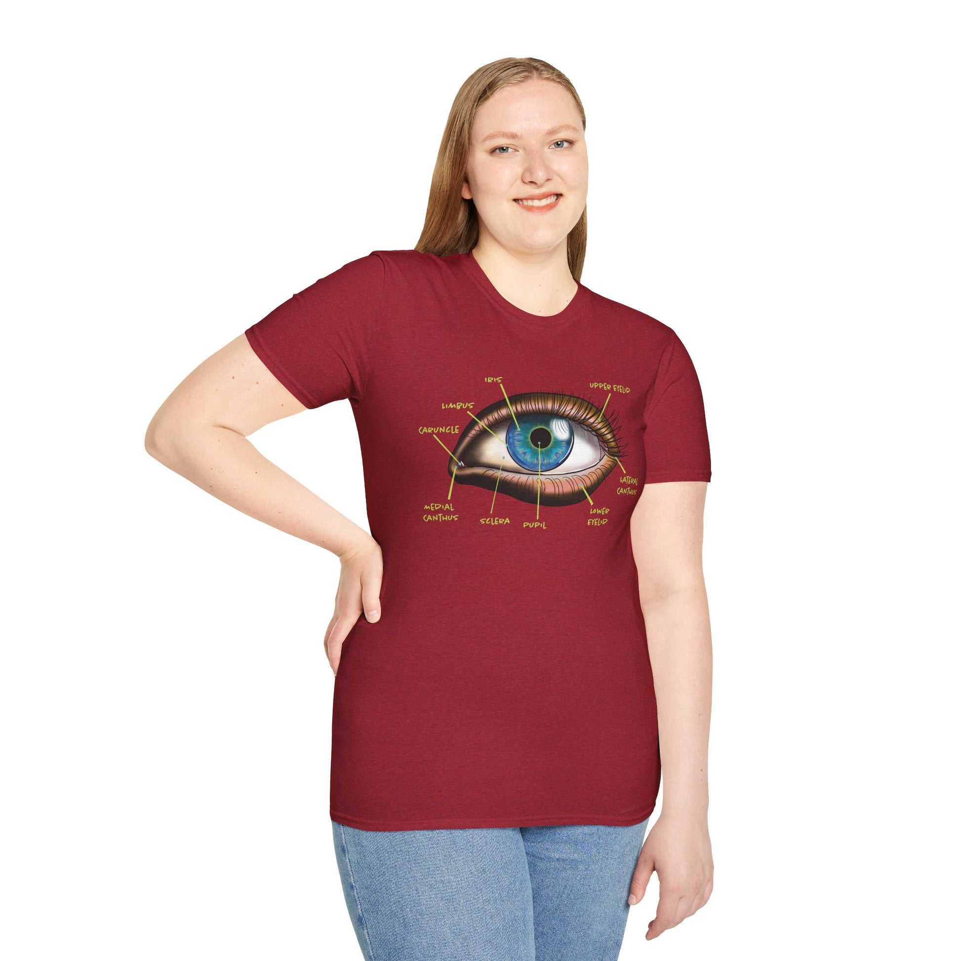 Woman wearing a red t-shirt featuring an anatomical diagram of an eye, with labeled parts of the eye displayed.