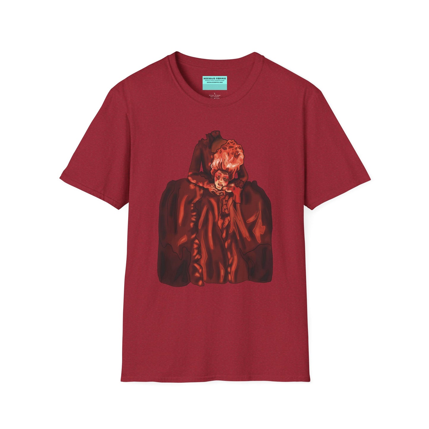 Red t-shirt featuring an illustration of a headless Marie Antoinette holding her own head in her hands.