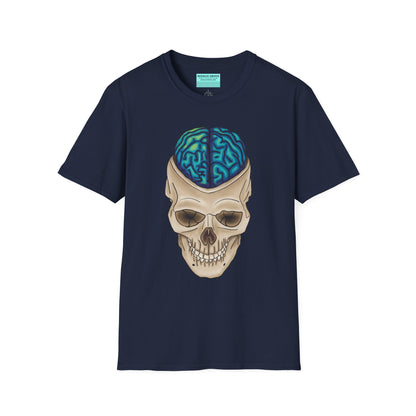 Navy t-shirt featuring a drawing of an anatomical skull, with a brain emerging from the top.