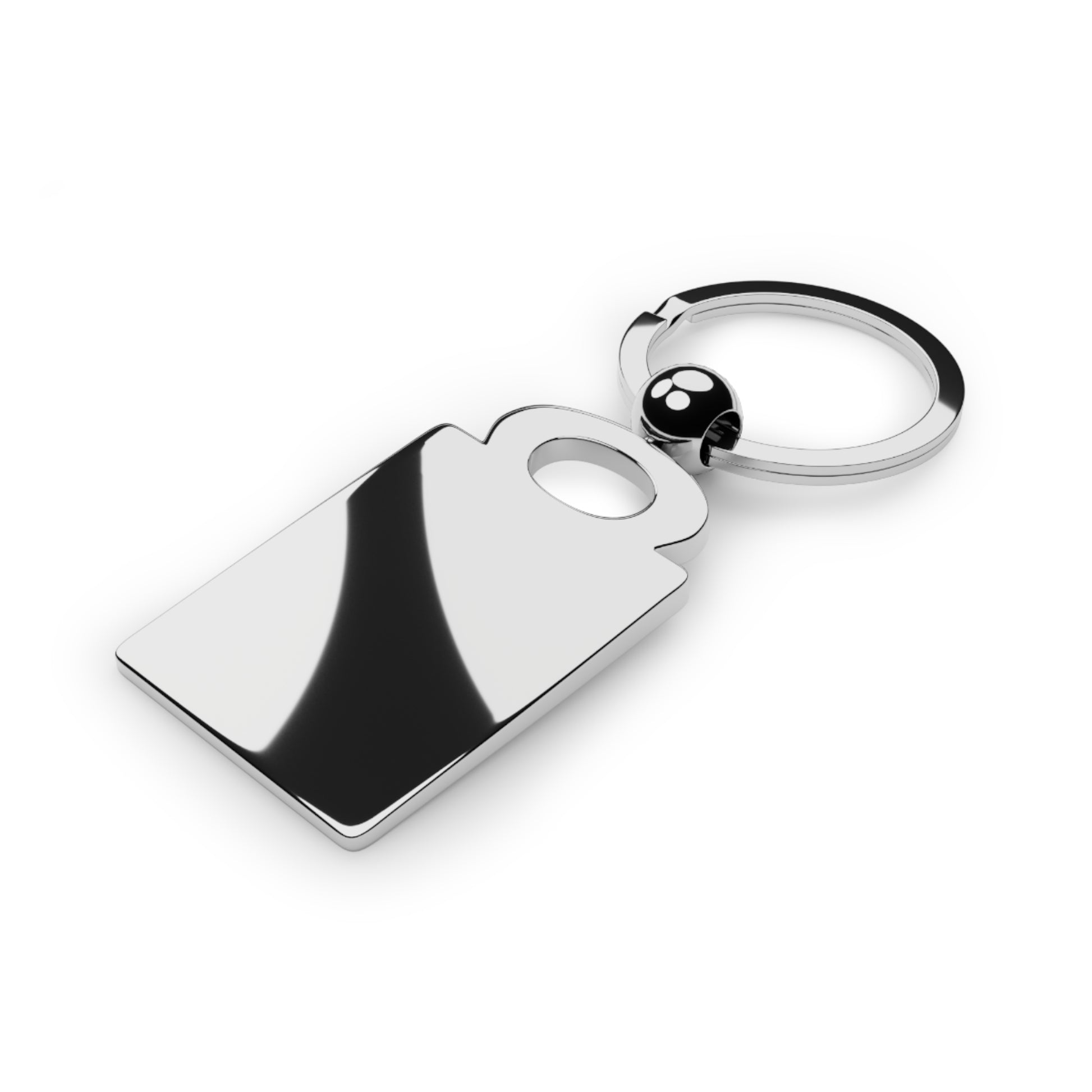 The backside of a silver-color rectangular keychain.