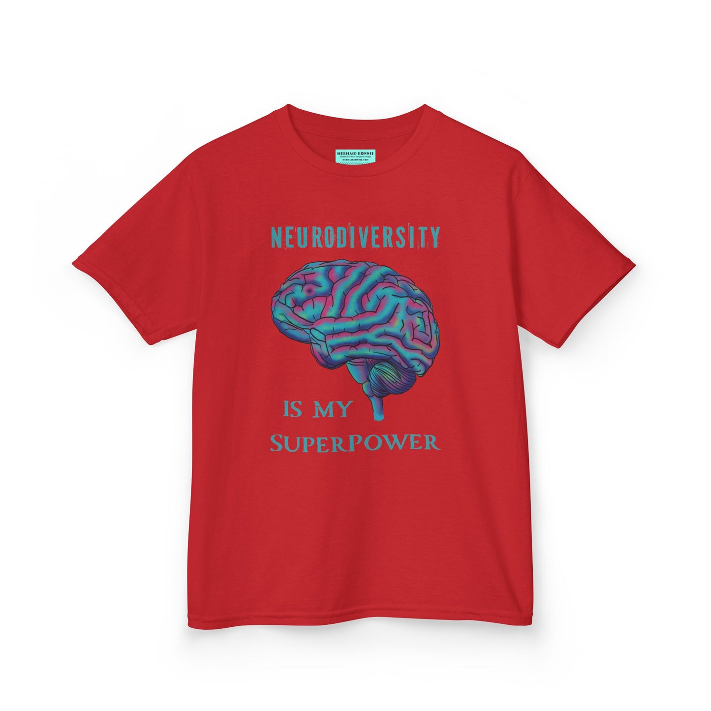 Red unisex kids' t-shirt featuring a drawing of an anatomical brain and the text 'Neurodiversity is my superpower.'