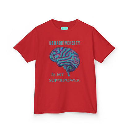 Red unisex kids' t-shirt featuring a drawing of an anatomical brain and the text 'Neurodiversity is my superpower.'