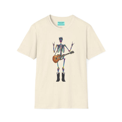 Beige t-shirt featuring a tie-dye skeleton holding a guitar, dressed like a classic rocker with boots, a bandana, and rock-style clothing.