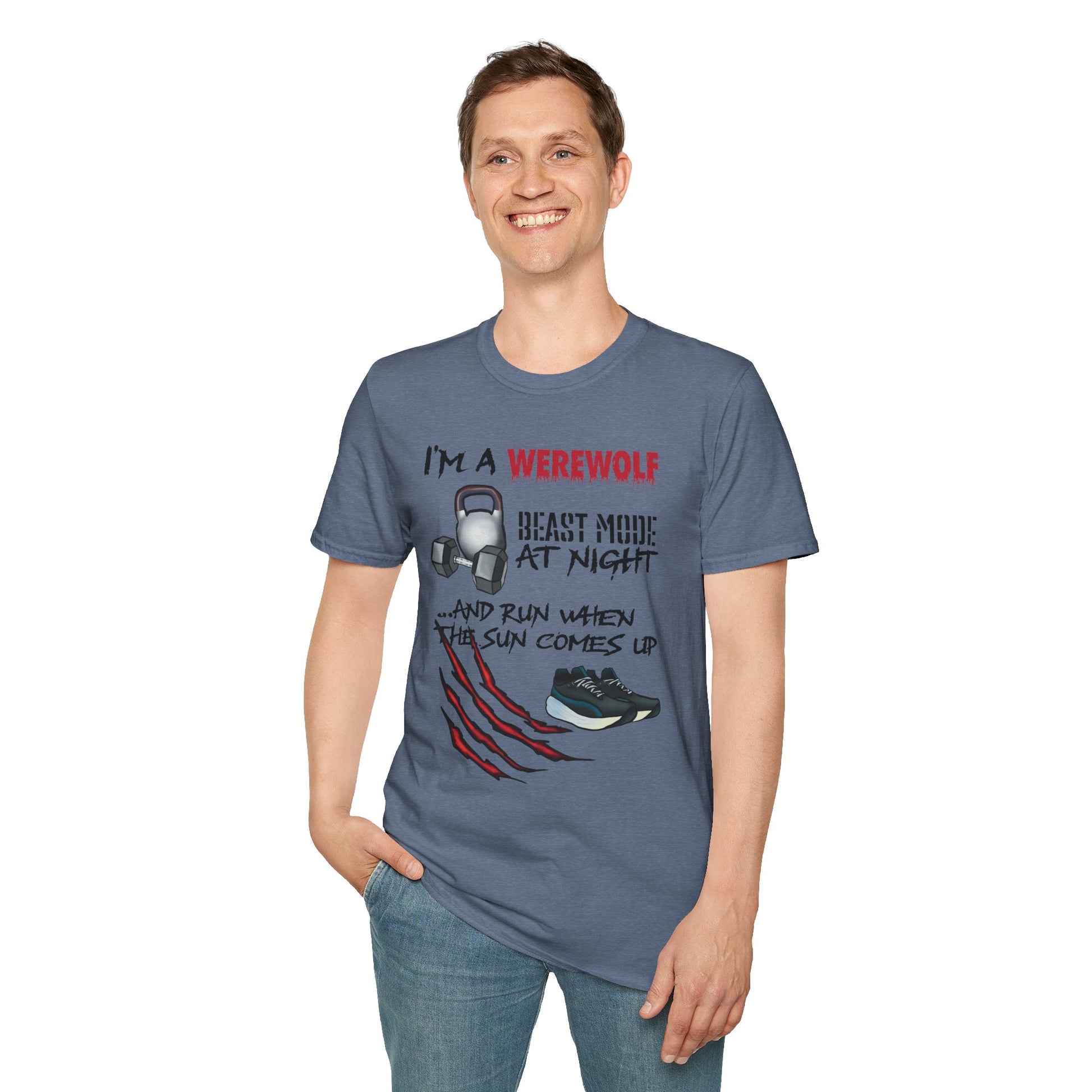 Man wearing a blue t-shirt featuring illustrations of kettlebells, dumbbells, and running shoes, with the phrase 'I'm a werewolf. Beast mode at night, and run when the sun comes up.'