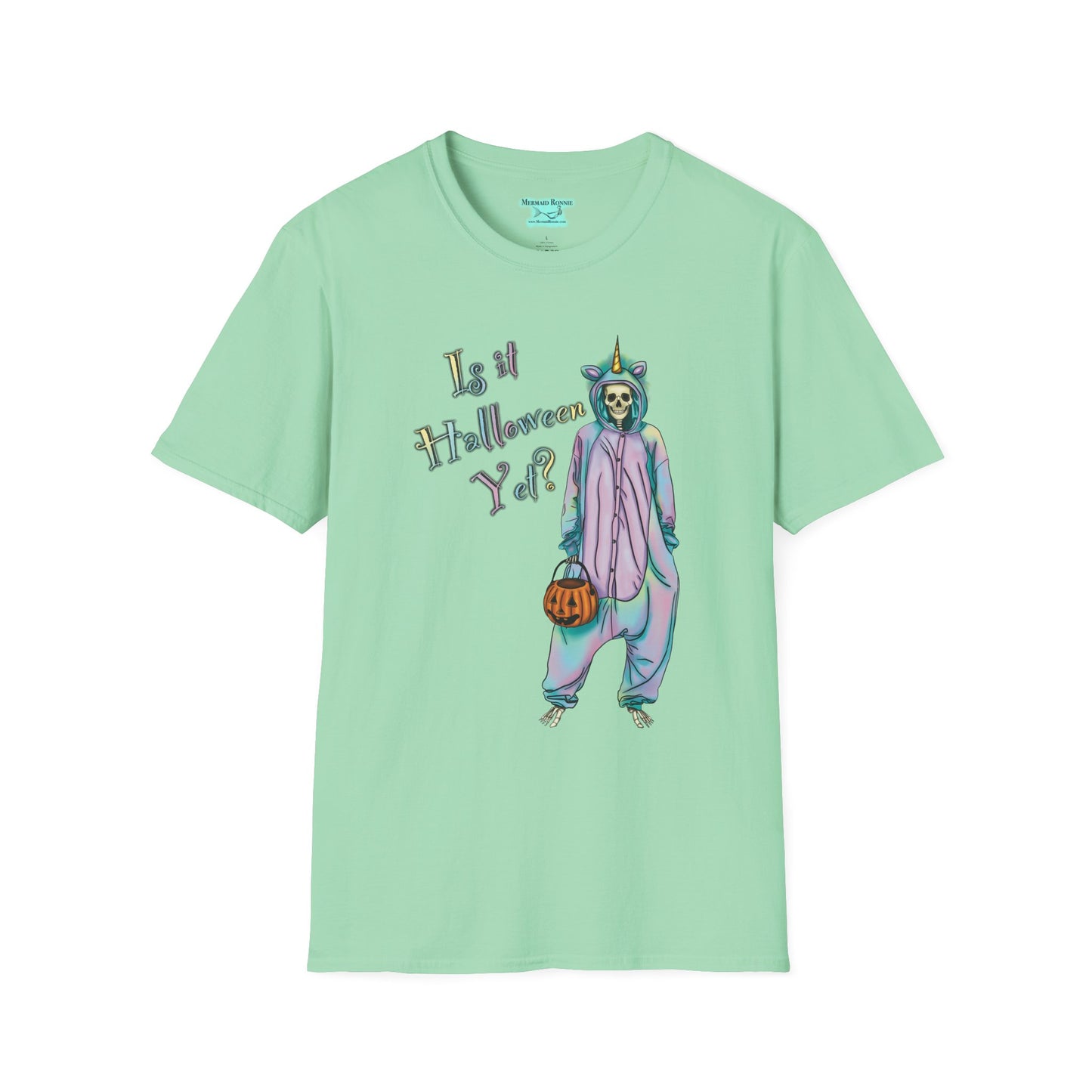 Halloween Skeleton T-Shirt, Pastel ‘Is it Halloween yet?’ Tee, Whimsical Unicorn Costume Design