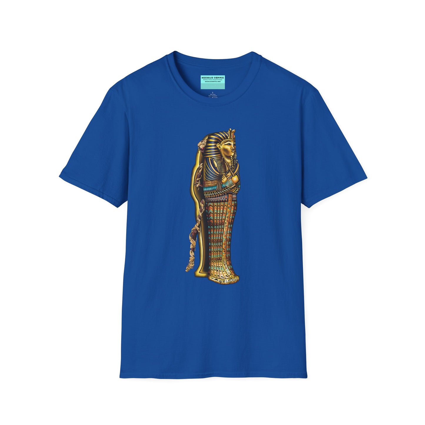 Royal blue t-shirt featuring an illustration of an Egyptian sarcophagus, with a mummy stepping out of it and glowing red eyes.