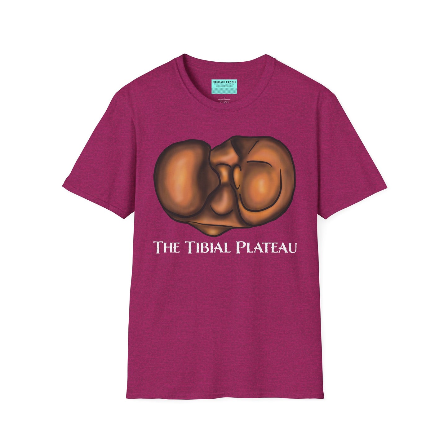 Pink unisex short sleeve tee featuring a clever anatomical illustration of the tibial plateau, reimagined as a landscape with rolling hills—because who knew the tibia could be so scenic?