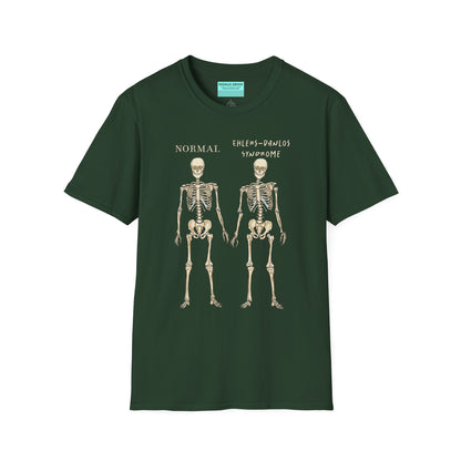 Forest green unisex short sleeve t-shirt featuring two skeletons side by side—one labeled "normal," the other "Ehlers-Danlos Syndrome"—because connective tissue disorders deserve more visibility (and maybe a sense of humor, too).