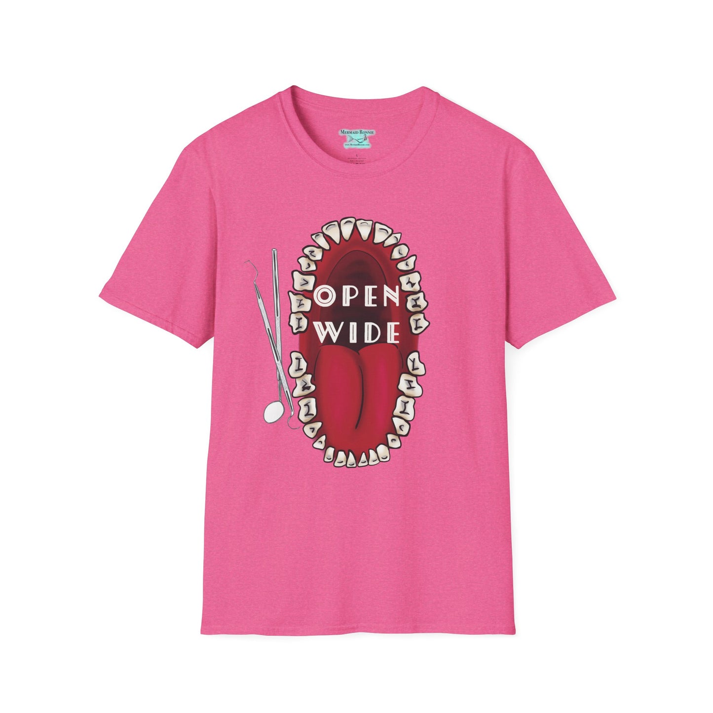 Dental Professional T-Shirt, Open Wide Design with Teeth and Dental Tools for Dentists and Dental Hygienists