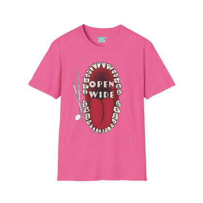 Dental Professional T-Shirt, Open Wide Design with Teeth and Dental Tools for Dentists and Dental Hygienists