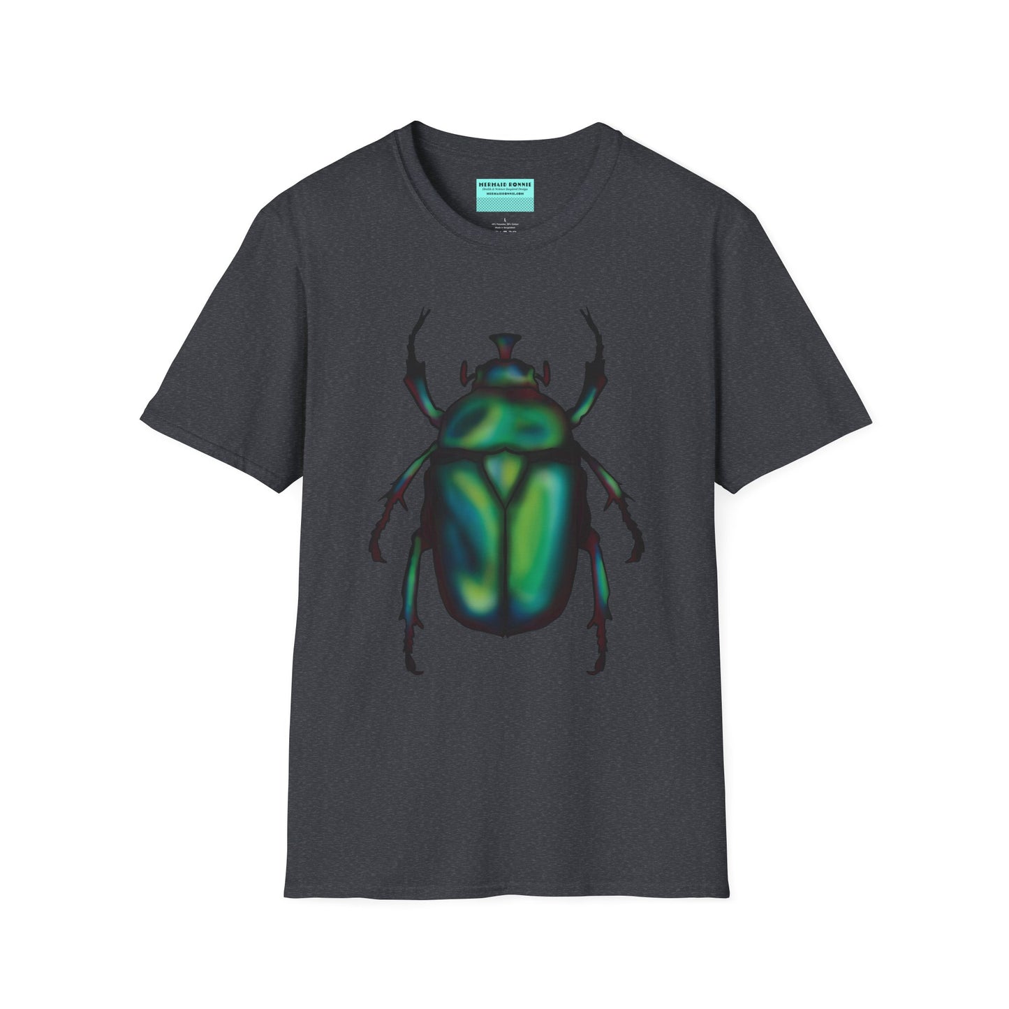 Dark grey t-shirt featuring an illustration of a June bug (green chafer beetle) across the chest.