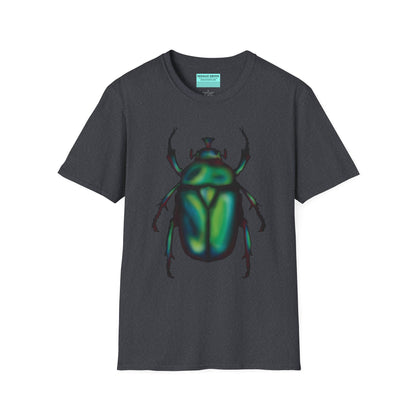 Dark grey t-shirt featuring an illustration of a June bug (green chafer beetle) across the chest.
