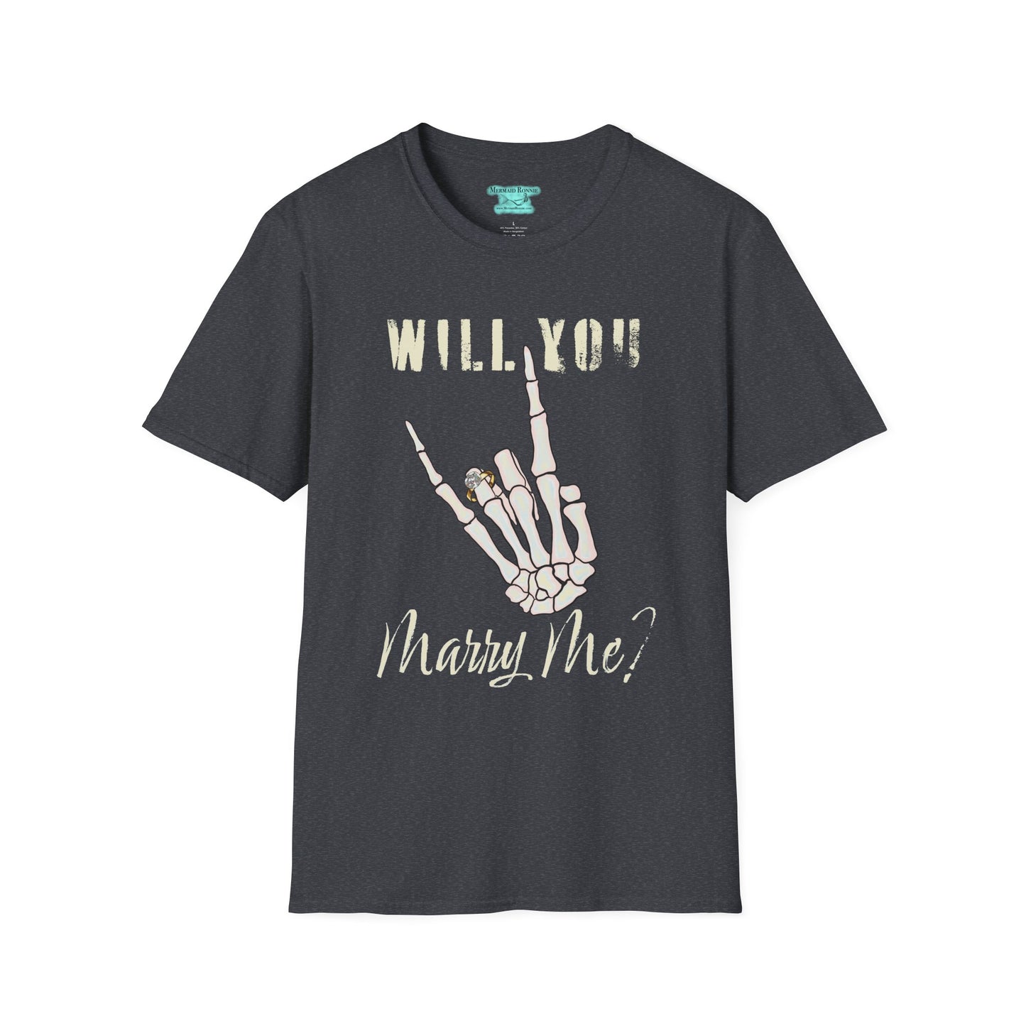 Will You Marry Me T-Shirt, Skeleton Rock and Roll Symbol, Unisex Wedding Proposal Tee