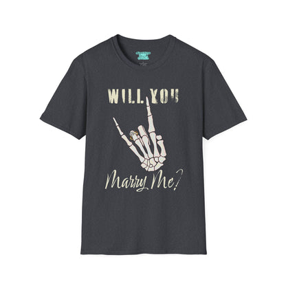 Will You Marry Me T-Shirt, Skeleton Rock and Roll Symbol, Unisex Wedding Proposal Tee