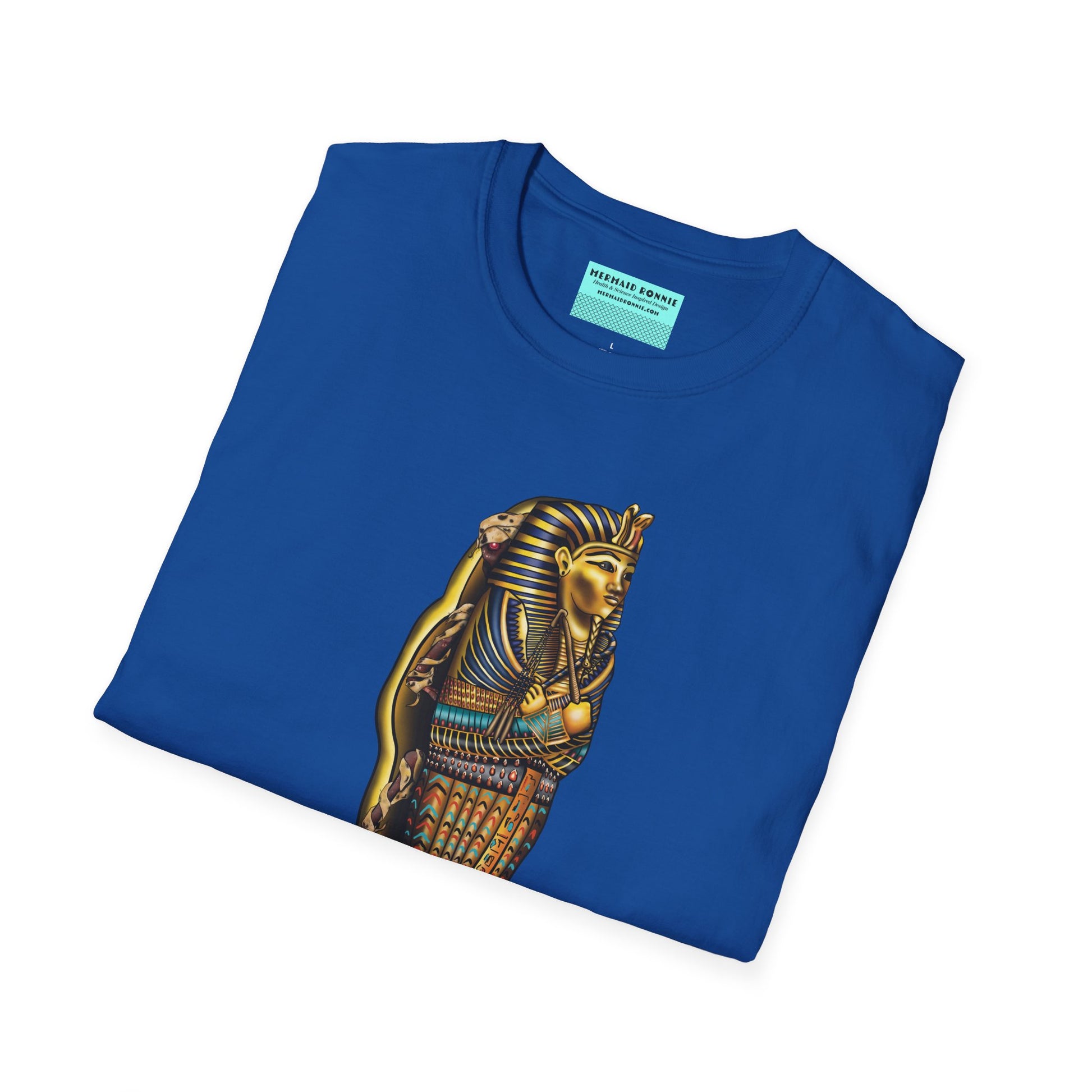 Folded blue t-shirt featuring an illustration of an Egyptian sarcophagus with a mummy emerging from it, glowing red eyes visible.