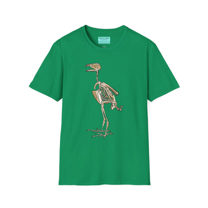 Green unisex short sleeve t-shirt featuring a peregrine falcon skeleton—proof that even the fastest creature on Earth looks cool in x-ray vision.