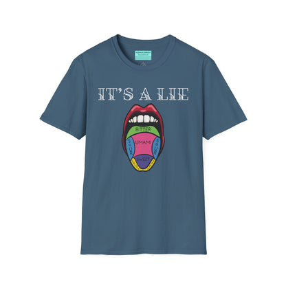 Indigo blue short-sleeve unisex t-shirt featuring a classic tongue taste map with the words “It’s a lie” boldly above it—busting the myth that different parts of your tongue taste different things. Sweet, salty, sour, bitter? Taste buds don’t discriminate!