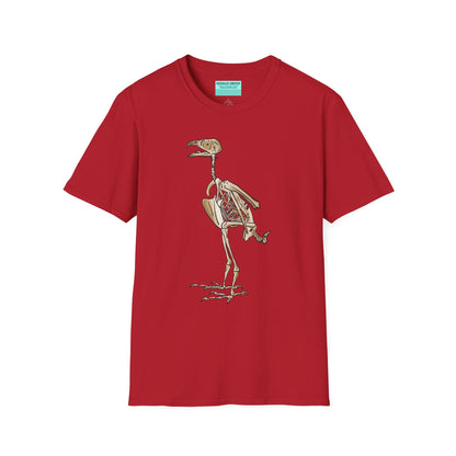 Red unisex short sleeve t-shirt featuring a peregrine falcon skeleton—proof that even the fastest creature on Earth looks cool in x-ray vision.