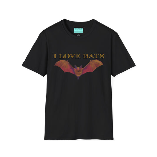 Black t-shirt featuring an irresistibly adorable brown bat with outstretched wings across the chest and the text “I love bats” — perfect for anyone who’s batty about flying mammals.