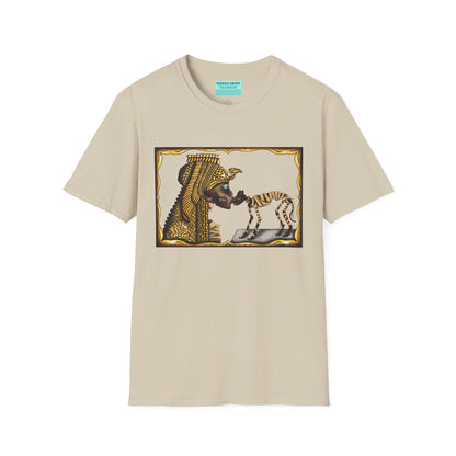 Beige t-shirt featuring an illustration of Cleopatra mummy kissing a cat mummy.