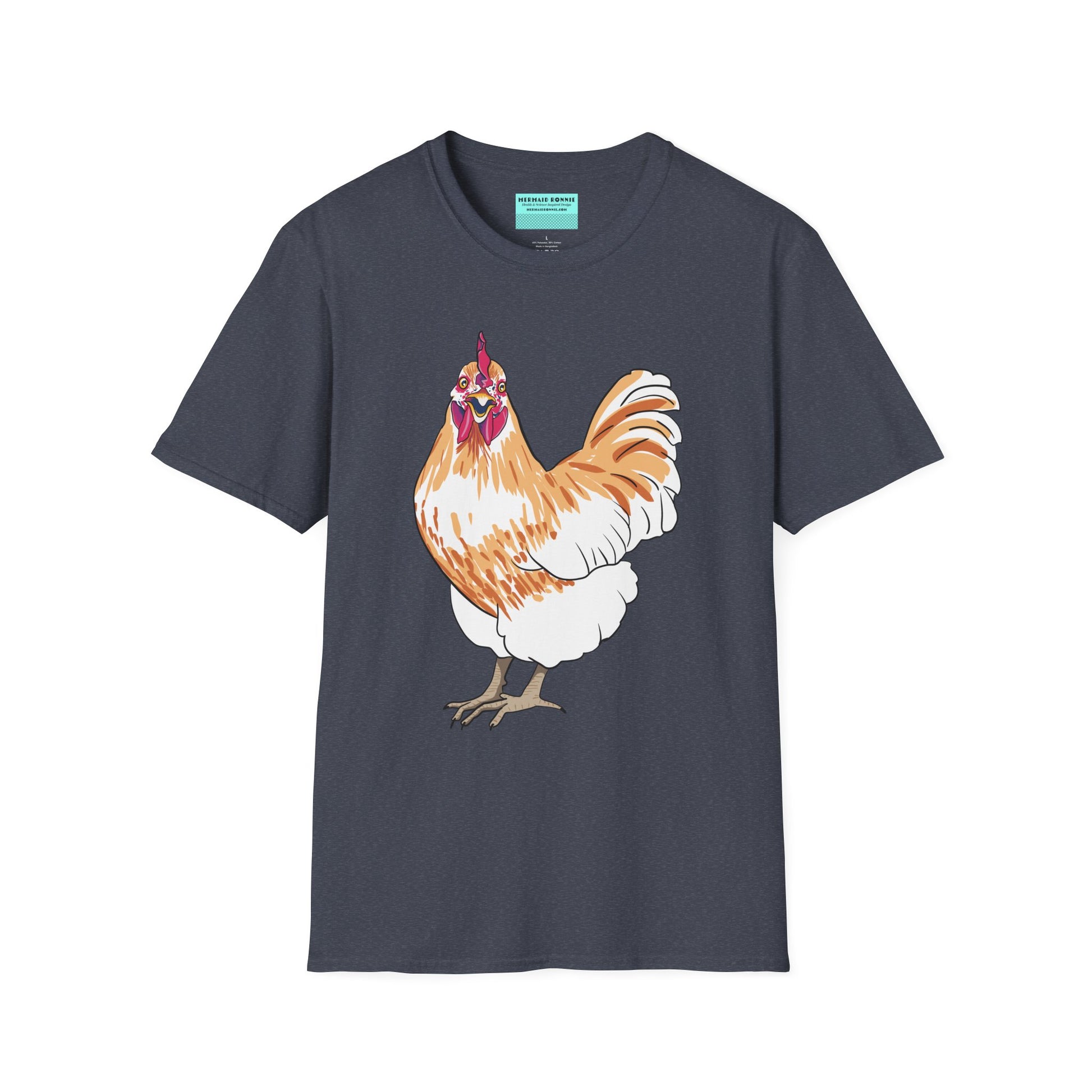 Dark grey t-shirt featuring an illustration of a chicken.