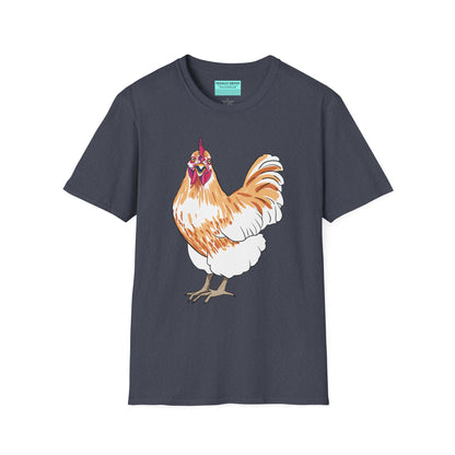 Dark grey t-shirt featuring an illustration of a chicken.