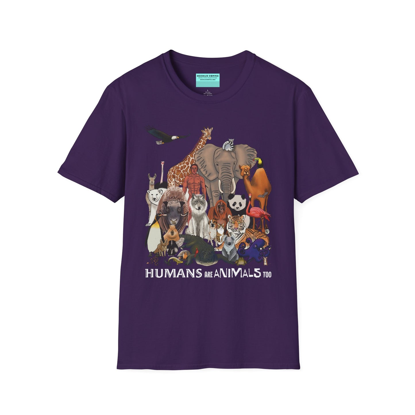 Purple unisex short sleeve tee featuring a diverse group of illustrated animals—like an elephant, bird, cat, and more—gathered around a human in the center. Below the image, the text reads "humans are animals too," celebrating our place in the animal kingdom with a touch of humor and humility.