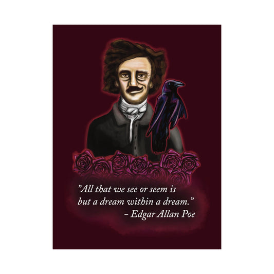 A moody poster of Edgar Allan Poe, wearing a wry smile as he’s surrounded by crimson roses and a raven, with a rich burgundy background—because even the master of macabre has a soft spot for gothic romance.