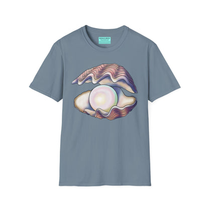 Blue t-shirt featuring an illustration of a large oyster with a luminescent pearl inside.