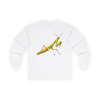 Long sleeve unisex white shirt featuring an illustration of a yellow and green praying mantis insect on the front.