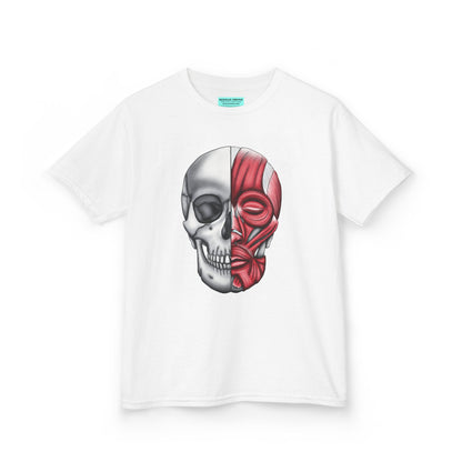 Kids' t-shirt in white featuring an anatomical drawing of a human skull, with facial muscles illustrated on one half of the skull.