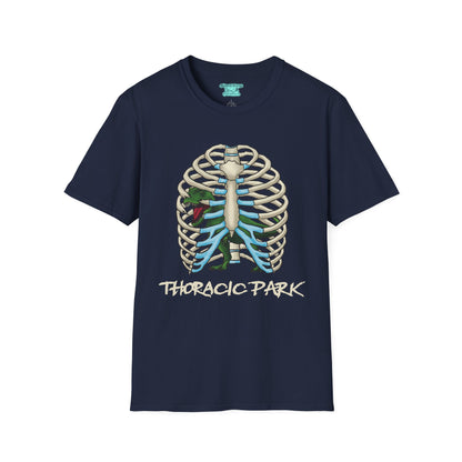 Thoracic Park T-Shirt, T-Rex Dinosaur in Rib Cage Graphic Tee, Unisex Short Sleeve