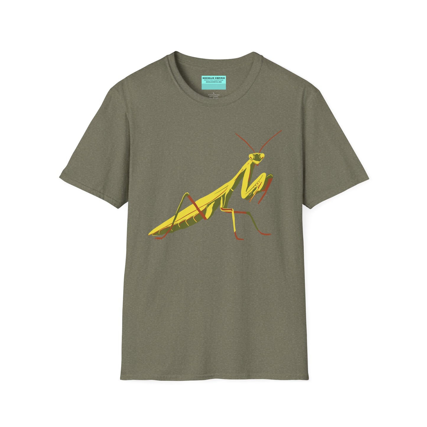 Heather green t-shirt featuring an illustration of a green praying mantis on the front.