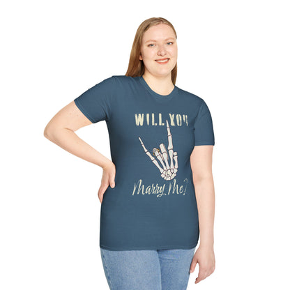 Will You Marry Me T-Shirt, Skeleton Rock and Roll Symbol, Unisex Wedding Proposal Tee