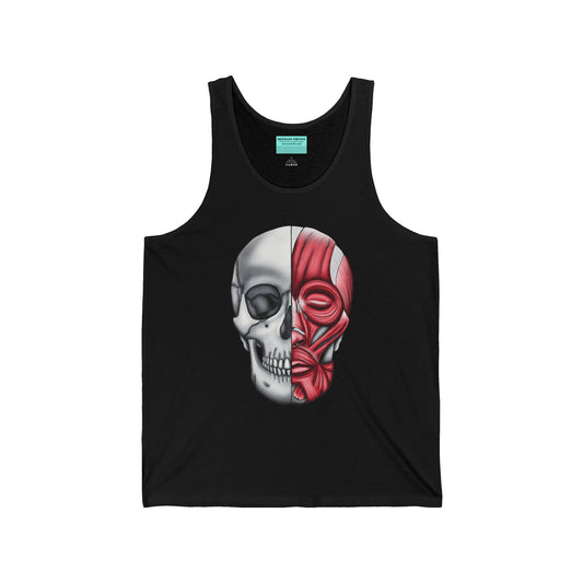 A black unisex adult tank top with a detailed anatomical skull, half showing the bones and the other half revealing the facial muscles—because who doesn’t want to wear a little “muscle” with their style?