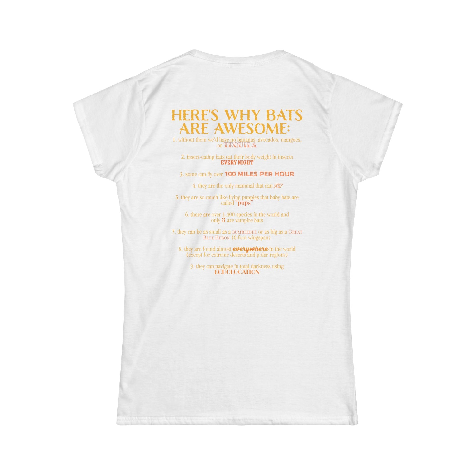 Back of a women’s t-shirt in white, with the heading 'Here’s why bats are awesome' followed by a list of nine bat facts printed beneath it.