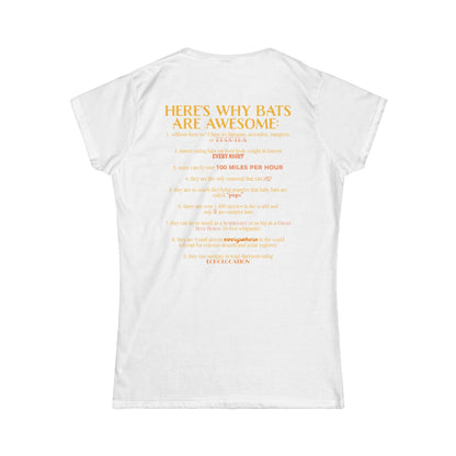 Back of a women’s t-shirt in white, with the heading 'Here’s why bats are awesome' followed by a list of nine bat facts printed beneath it.
