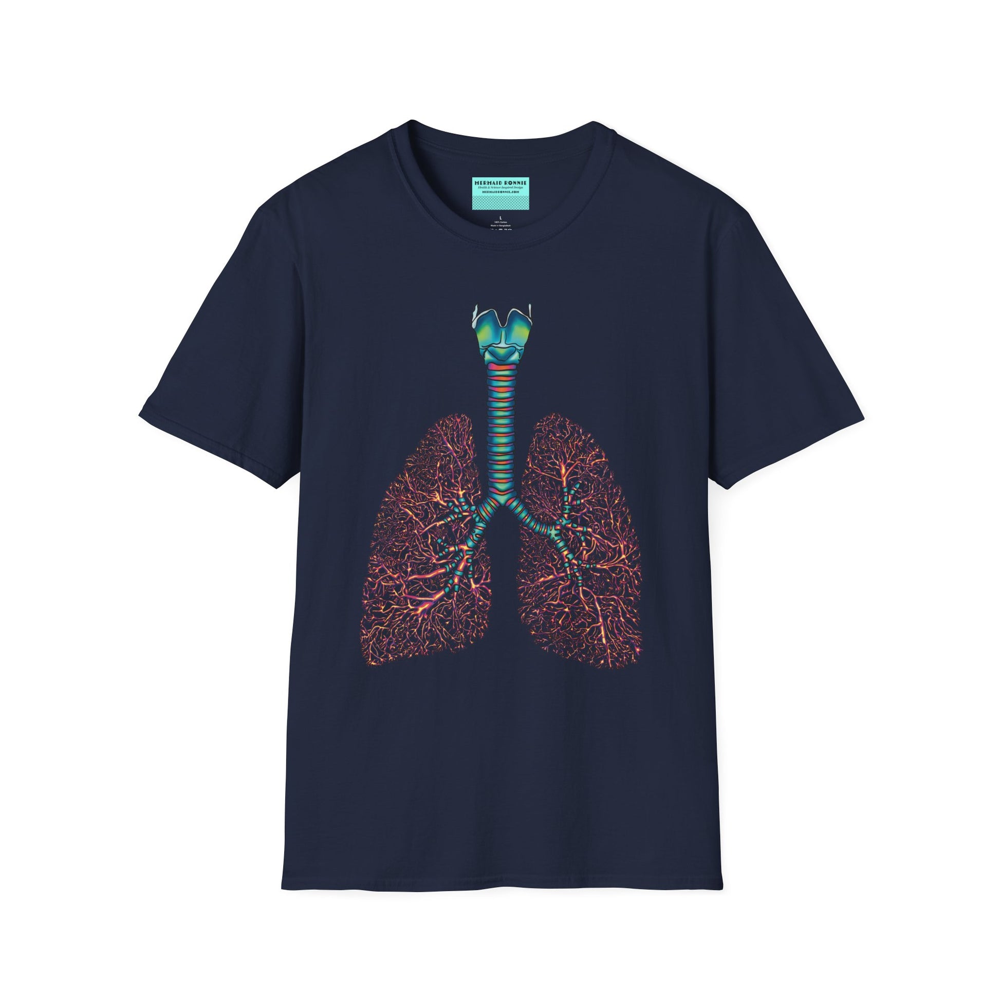 Navy t-shirt featuring an illustration of anatomical lungs, including the bronchi, trachea, and larynx.