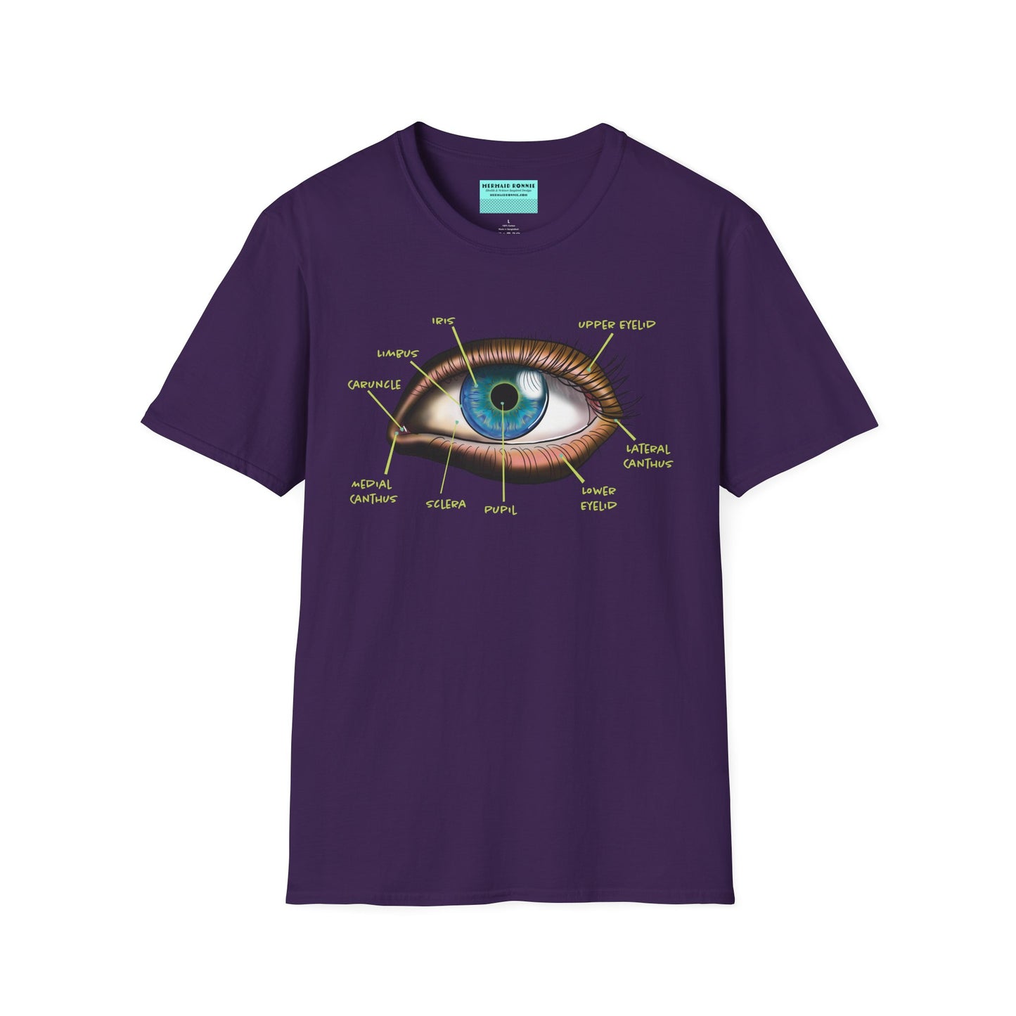 Purple shirt featuring an anatomical diagram of an eye, with labeled parts of the eye displayed.