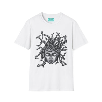 White t-shirt featuring a grayscale drawing of Medusa.