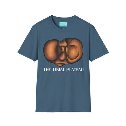 Indigo blue unisex short sleeve tee featuring a clever anatomical illustration of the tibial plateau, reimagined as a landscape with rolling hills—because who knew the tibia could be so scenic?