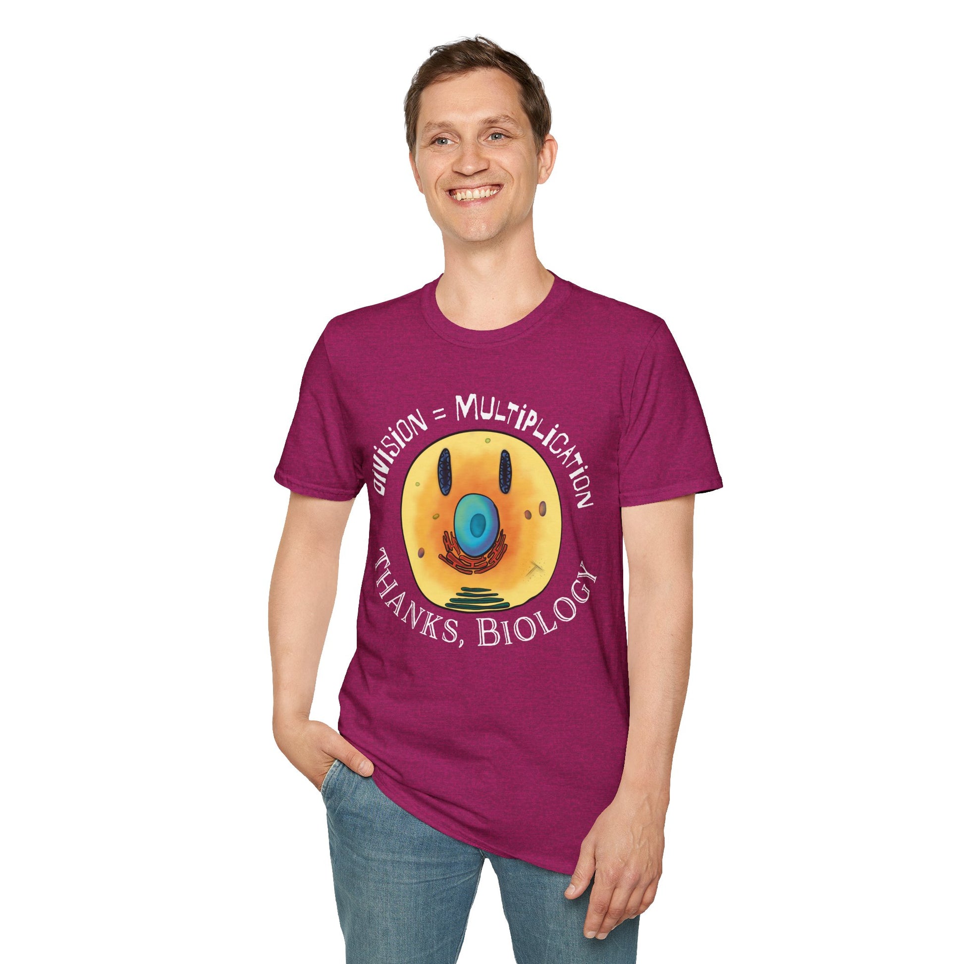 Man wearing a pink t-shirt featuring an illustration of a cell, with cellular organelles arranged to create a smiley face. The text 'Division = Multiplication. Thanks, Biology' is displayed surrounding the image.