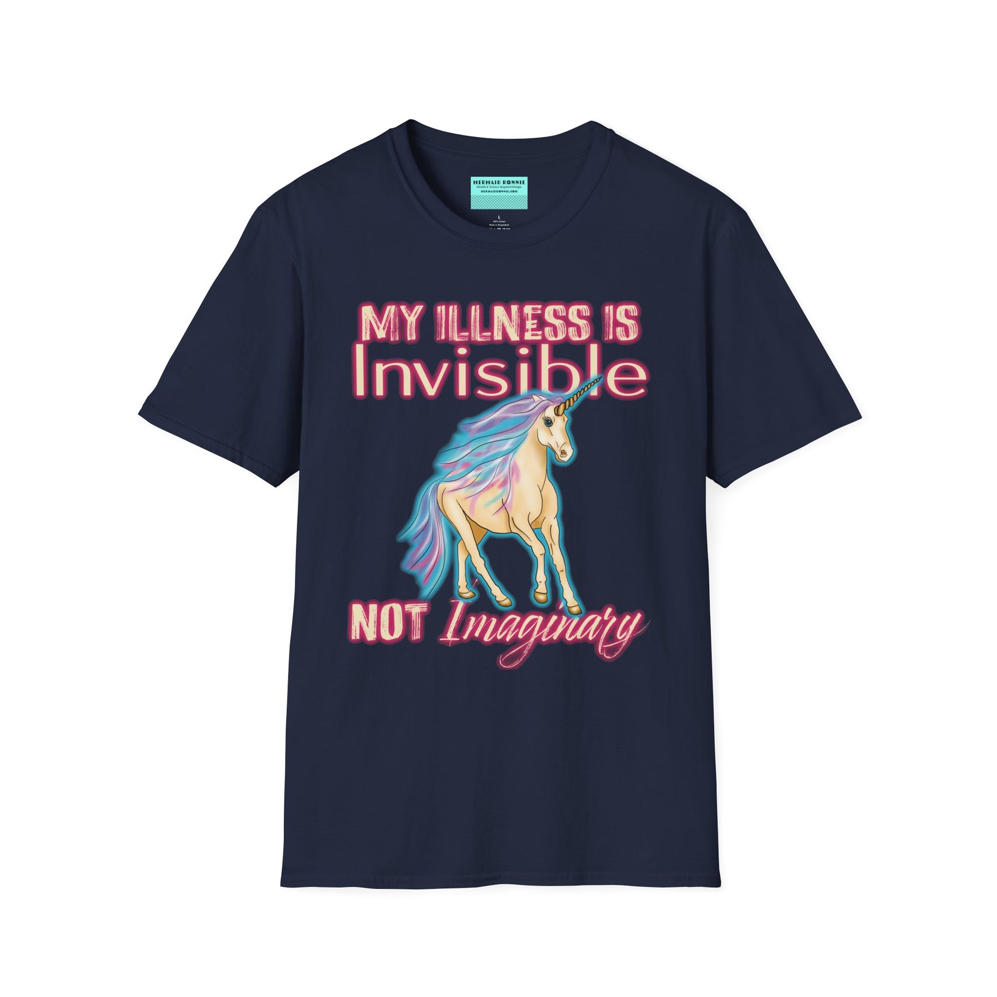 Navy shirt featuring a drawing of a unicorn and the phrase 'My illness is invisible not imaginary'.