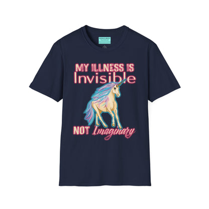 Navy shirt featuring a drawing of a unicorn and the phrase 'My illness is invisible not imaginary'.